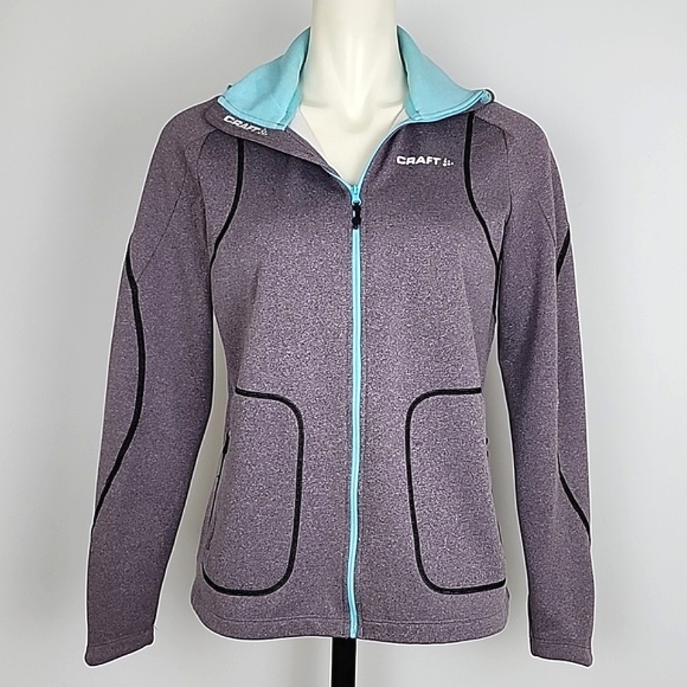 CRAFT Active Women's Full Zip Hoodie Heathered Grey Blue Fleece Lined Size Large